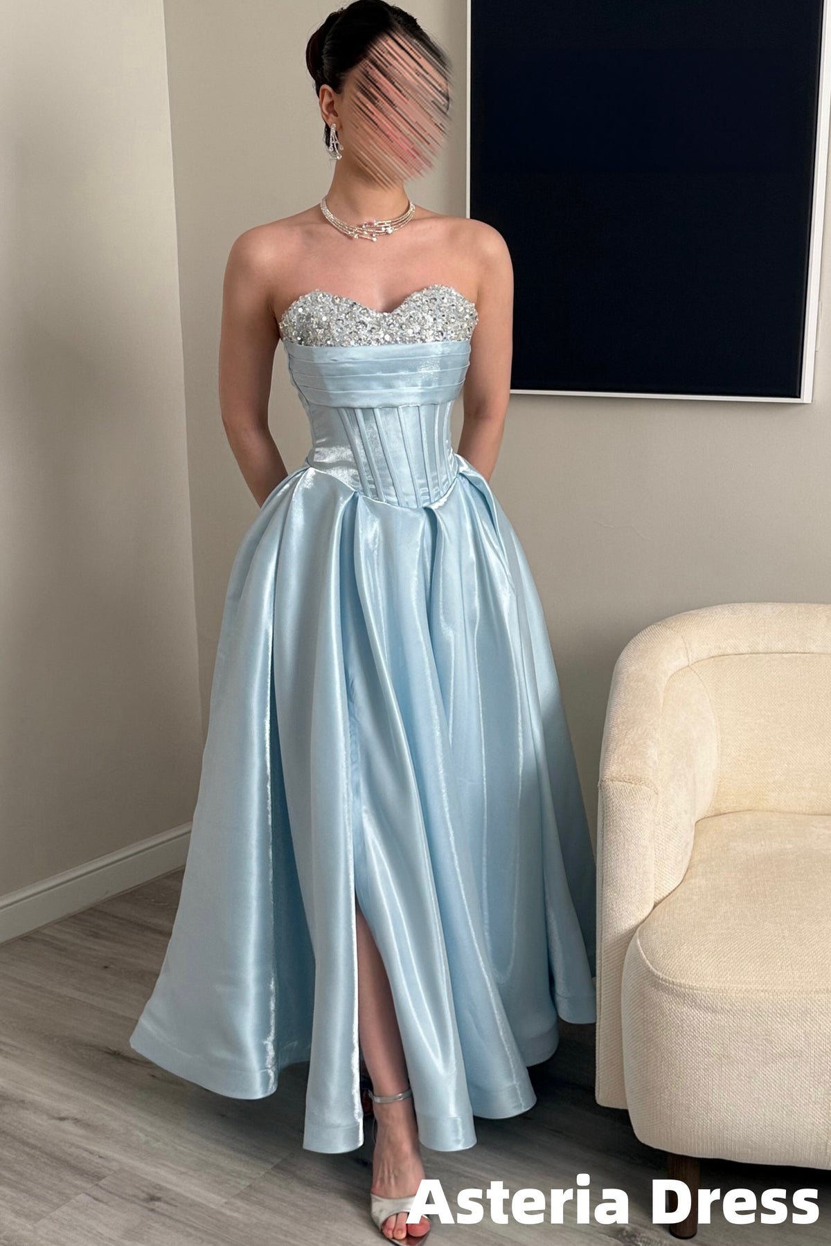 Gorgeous Sky Blue Organza Beaded Long Prom Dresses