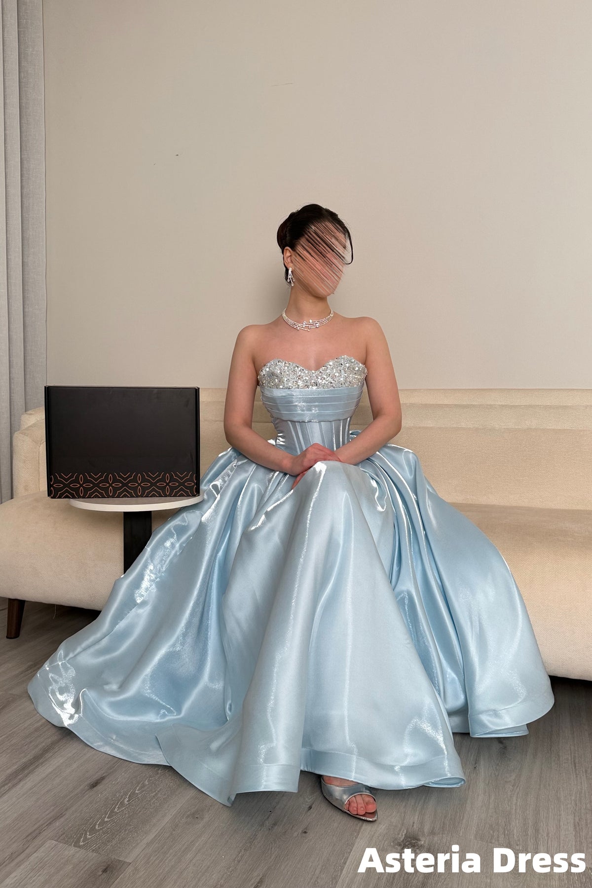 Gorgeous Sky Blue Organza Beaded Long Prom Dresses