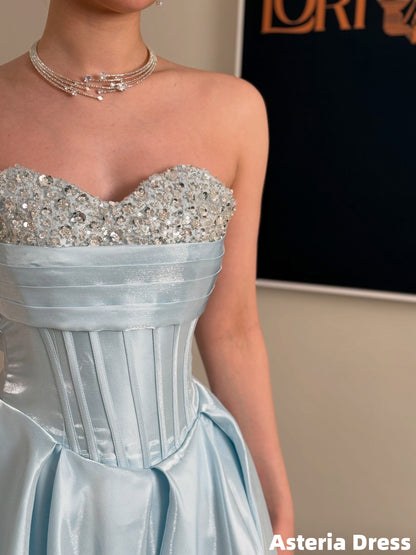 Gorgeous Sky Blue Organza Beaded Long Prom Dresses