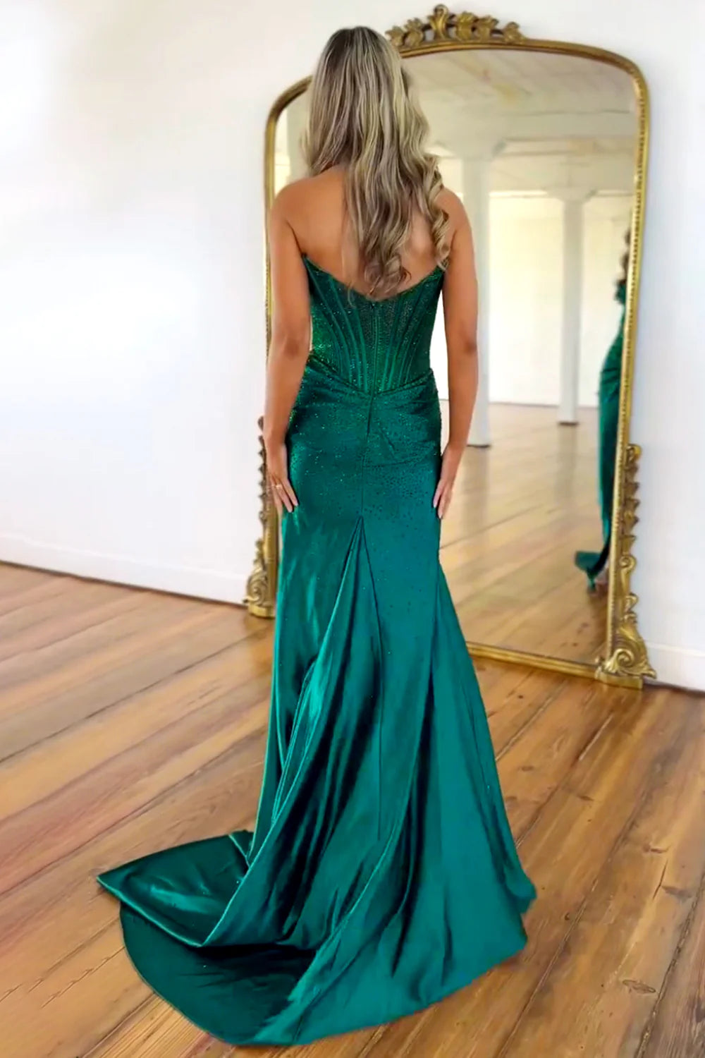 Glitter Strapless Beaded Mermaid Prom Dresses,AST2316