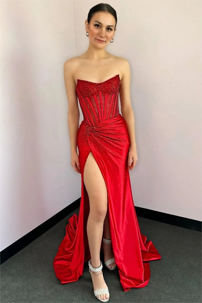 Glitter Strapless Beaded Mermaid Prom Dresses,AST2316