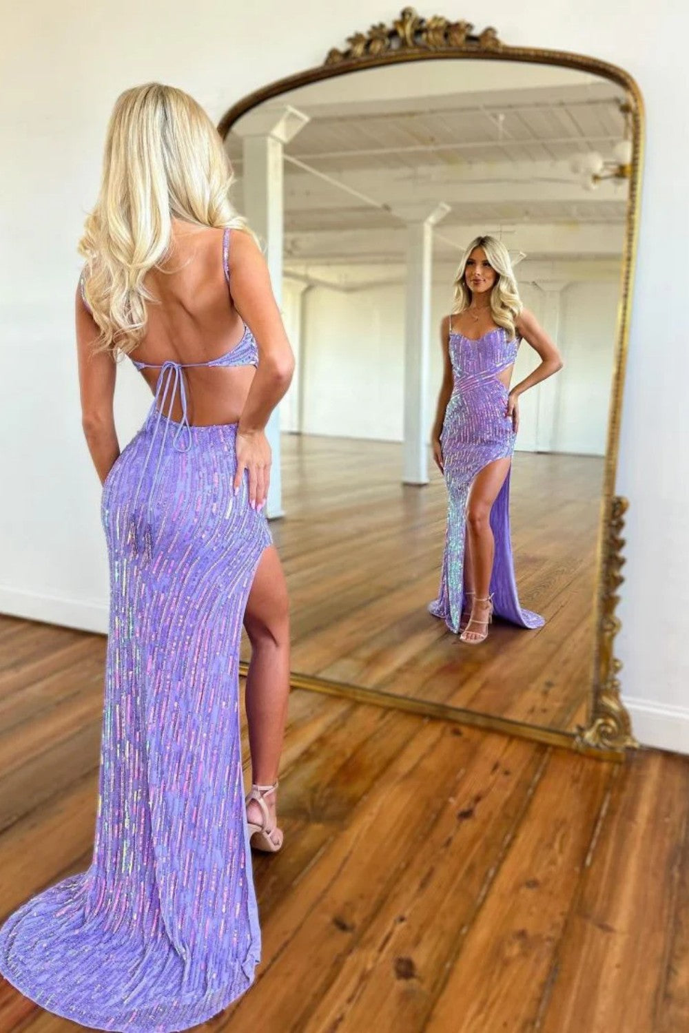 Sparkly Sequin Prom Party Dress with Open Back and Long Silhouette