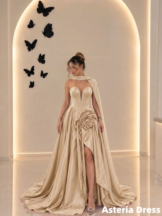 Gorgeous Strapless A-Line Satin Floral Evening Prom Dresses