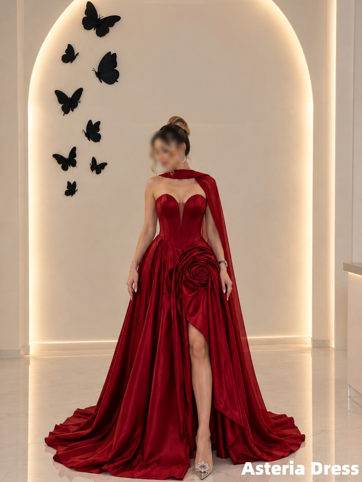 Gorgeous Strapless A-Line Satin Floral Evening Prom Dresses