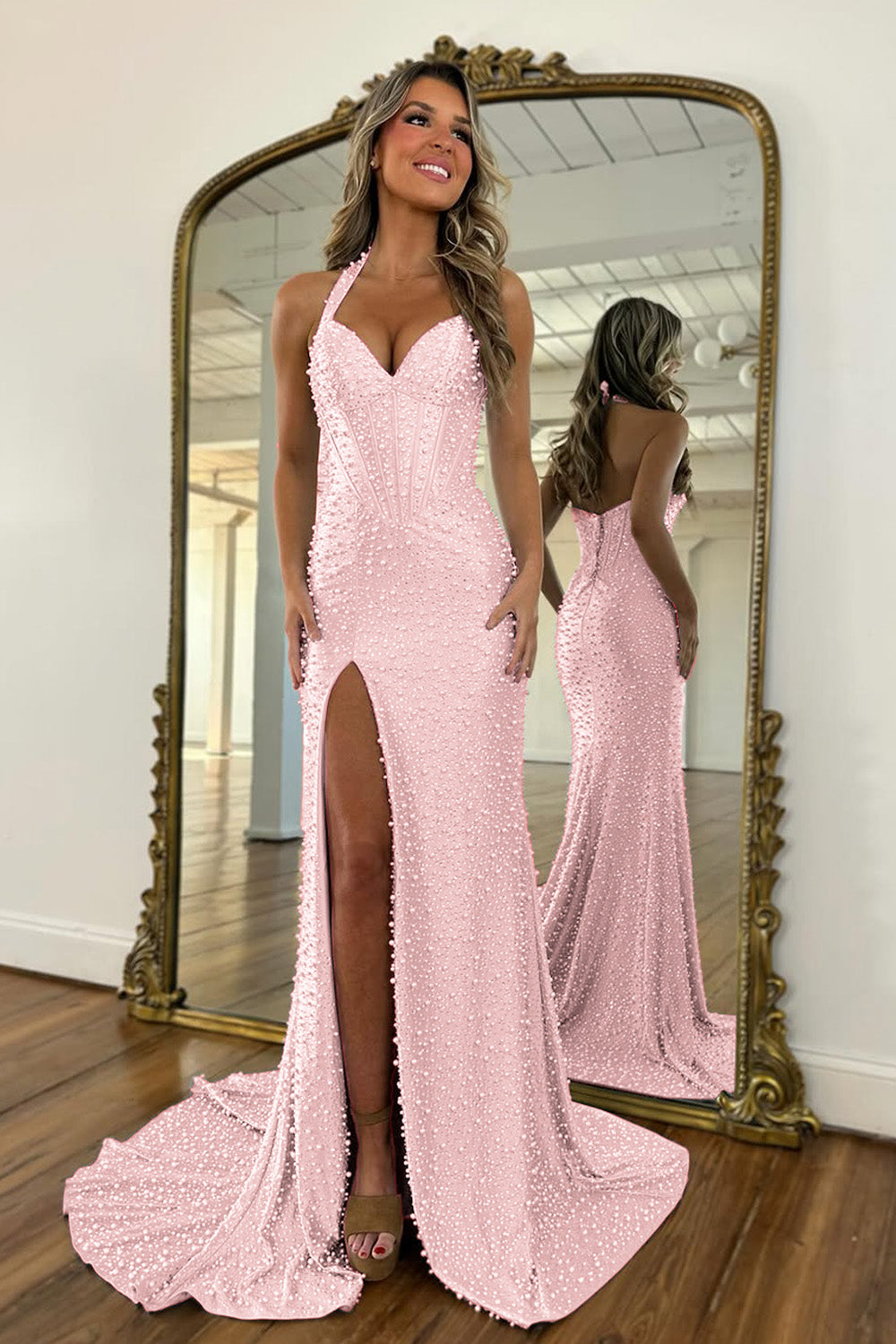 Luxury Light Blue Halter Neck Mermaid Pearl Beaded Prom Dress with High Slit