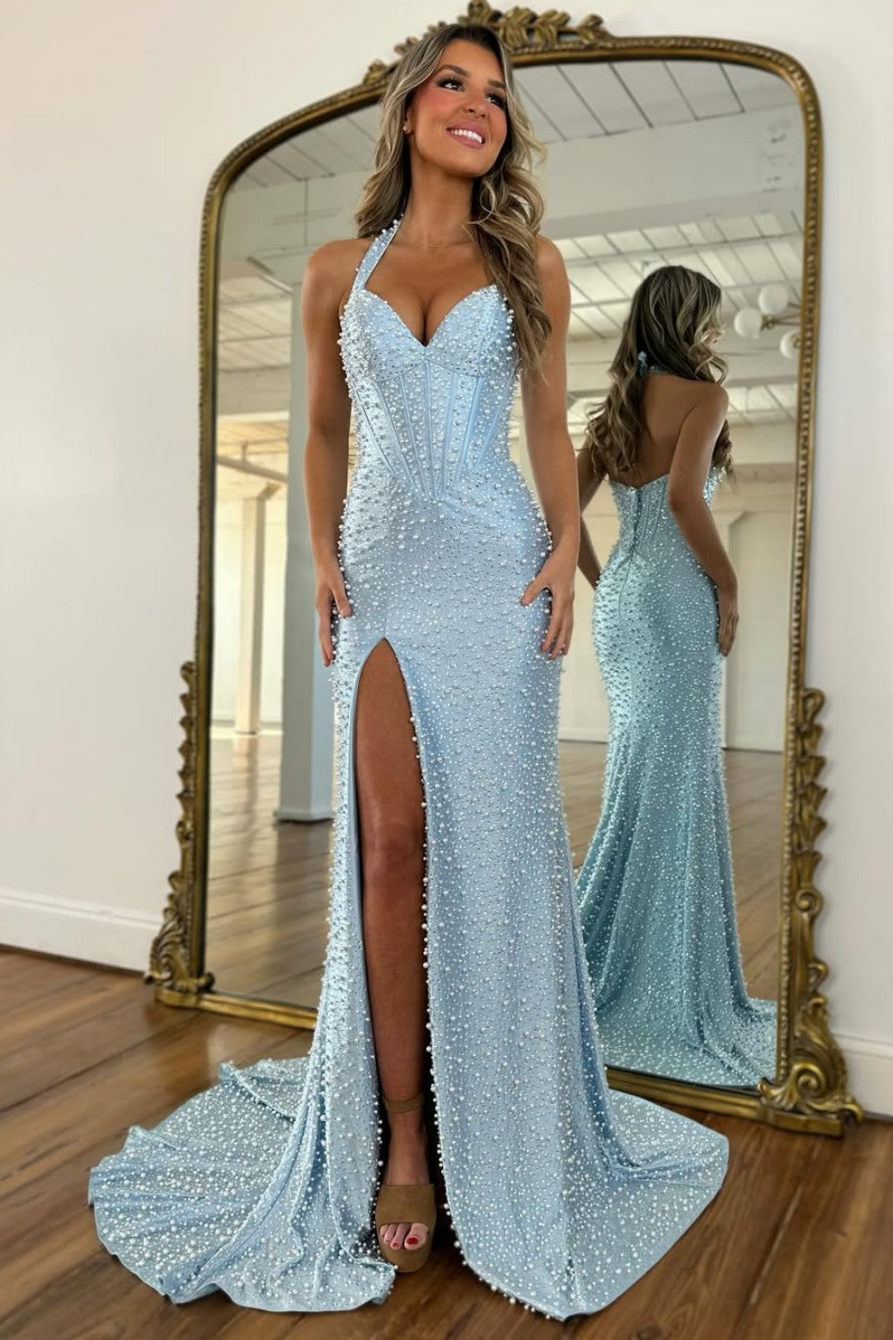 Luxury Pink Pearl Beaded Halter Mermaid Prom Dress with Corset and Slit