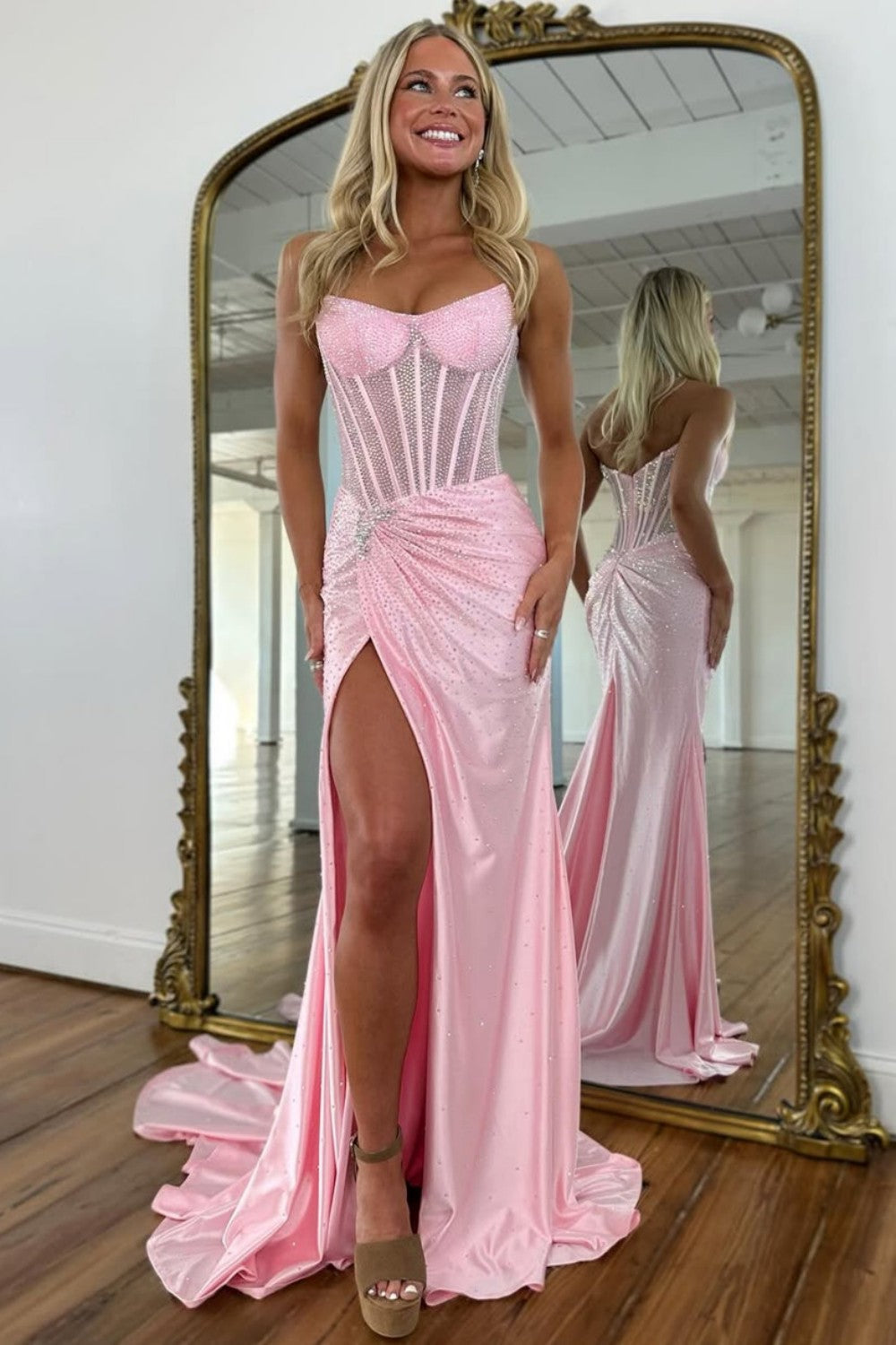 Gorgeous Sparkly Mermaid Strapless Long Beaded Prom Dress with Leg Slit