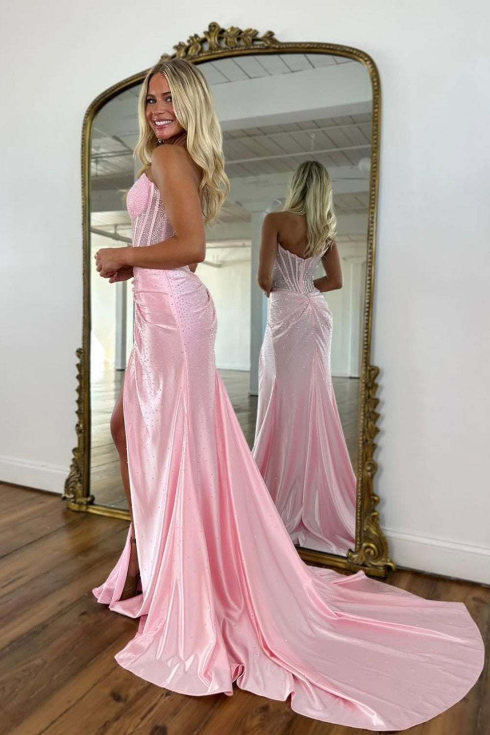 Gorgeous Sparkly Mermaid Strapless Long Beaded Prom Dress with Leg Slit