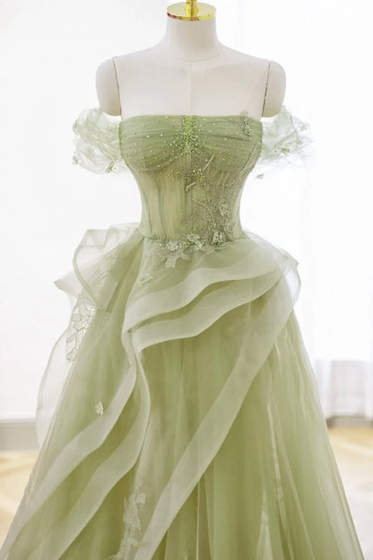 Grass Green A-Line Prom Dresses Tulle Appliques Evening Dress,AST2203