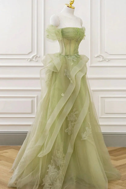 Grass Green A-Line Prom Dresses Tulle Appliques Evening Dress,AST2203