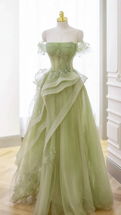 Grass Green A-Line Prom Dresses Tulle Appliques Evening Dress,AST2203