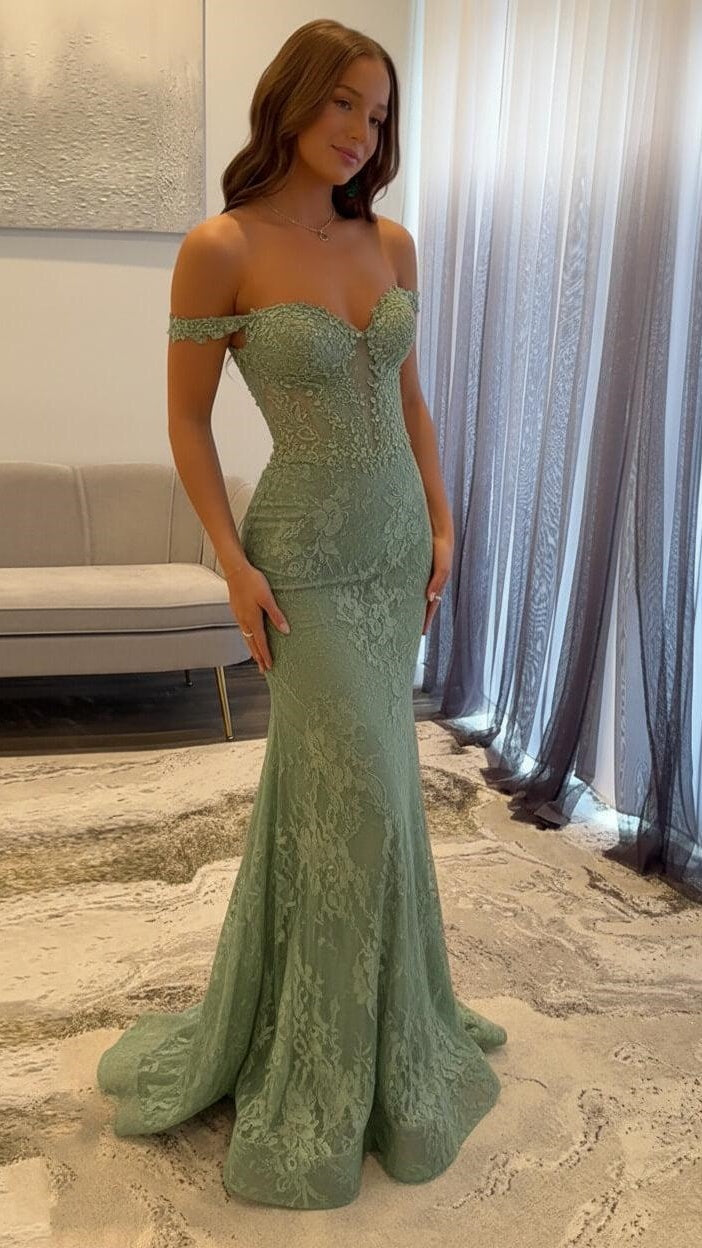 Off The Shoulder Mermaid Prom Dresses Lace Appliques Evening Party Dress,AST2290