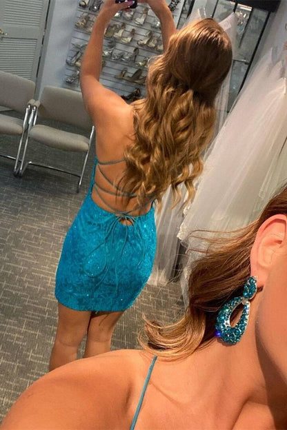 Blue Lace Tight Homecoming Dress with Lace-Up Back, AST1101