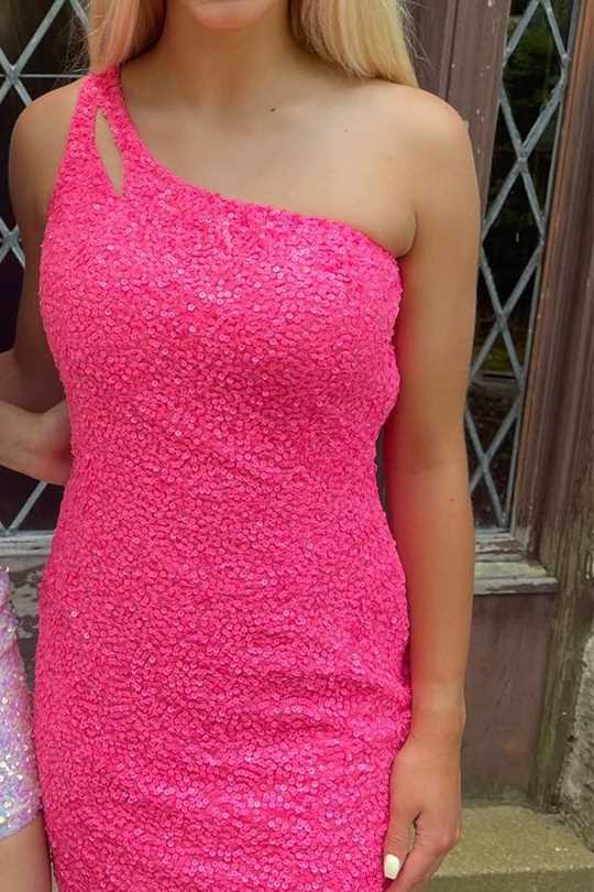 One Shoulder Homecoming Dress Sequins Bodycon Mini Dress with Keyhole, AST1111