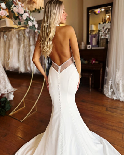 Halter Mermaid Ivory Wedding Dresses Open Back Bridal Gown, AST1416