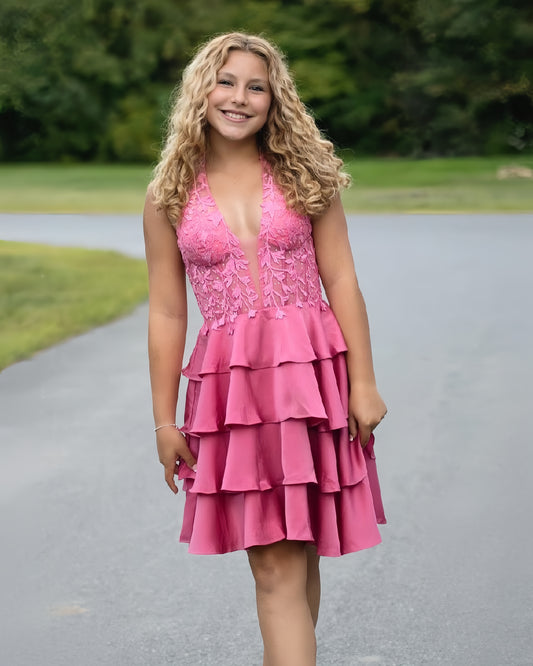 Halter Pink Appliques Homecoming Dresses Beaded Celebrity Dress, AST1425