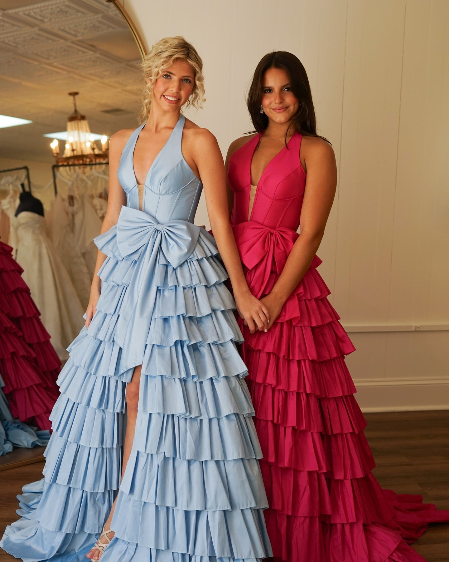 Halter V-Neck Ruffle Prom Dress With Bowknot Slit, AST1503