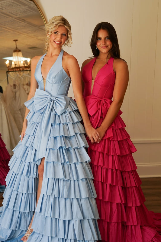 Halter V-Neck Ruffle Prom Dress With Bowknot Slit, AST1503