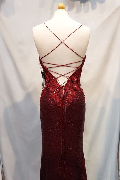 Handmade Wine Red Sequin Mermaid Long Prom Dress