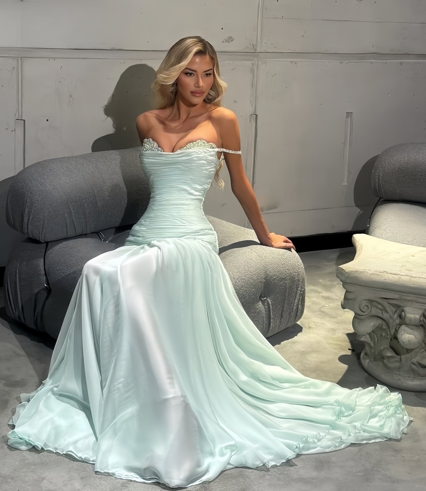 High Quality Custom Made Chiffon Prom Dresses Light Blue Beaded Evening Formal Gown,AST2094