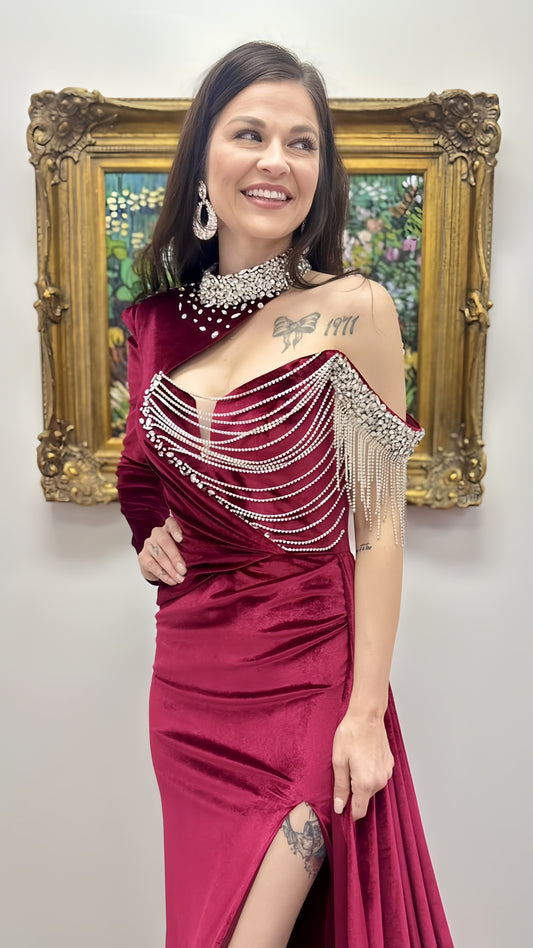 High Quality Evening Party Dress, Burgundy Velvet Prom Dress, One Sleeve Beaded Long Dress, AST1541