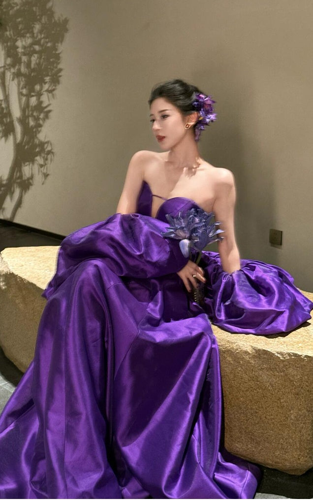 High Quality Purple Satin Prom Dresses Sweetheart V-Neck Satin Party Dress,AST2183