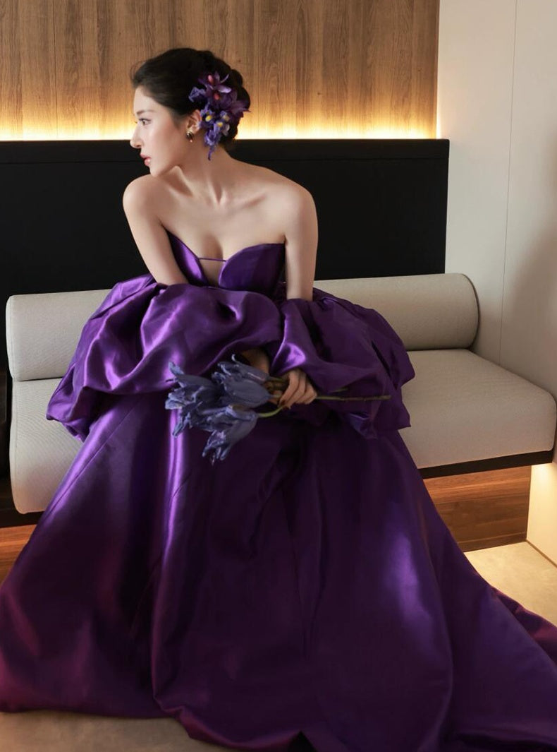 High Quality Purple Satin Prom Dresses Sweetheart V-Neck Satin Party Dress,AST2183