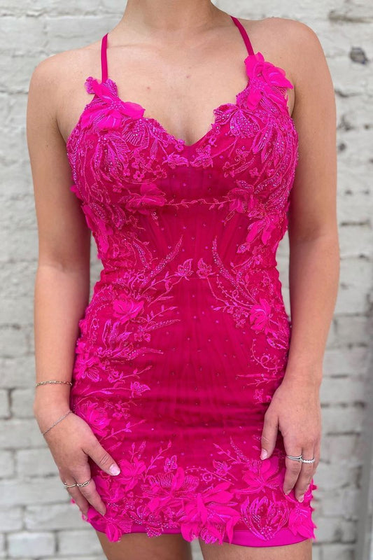 Hot Pink Floral Appliques Bodycon Homecoming Dresses, AST1339