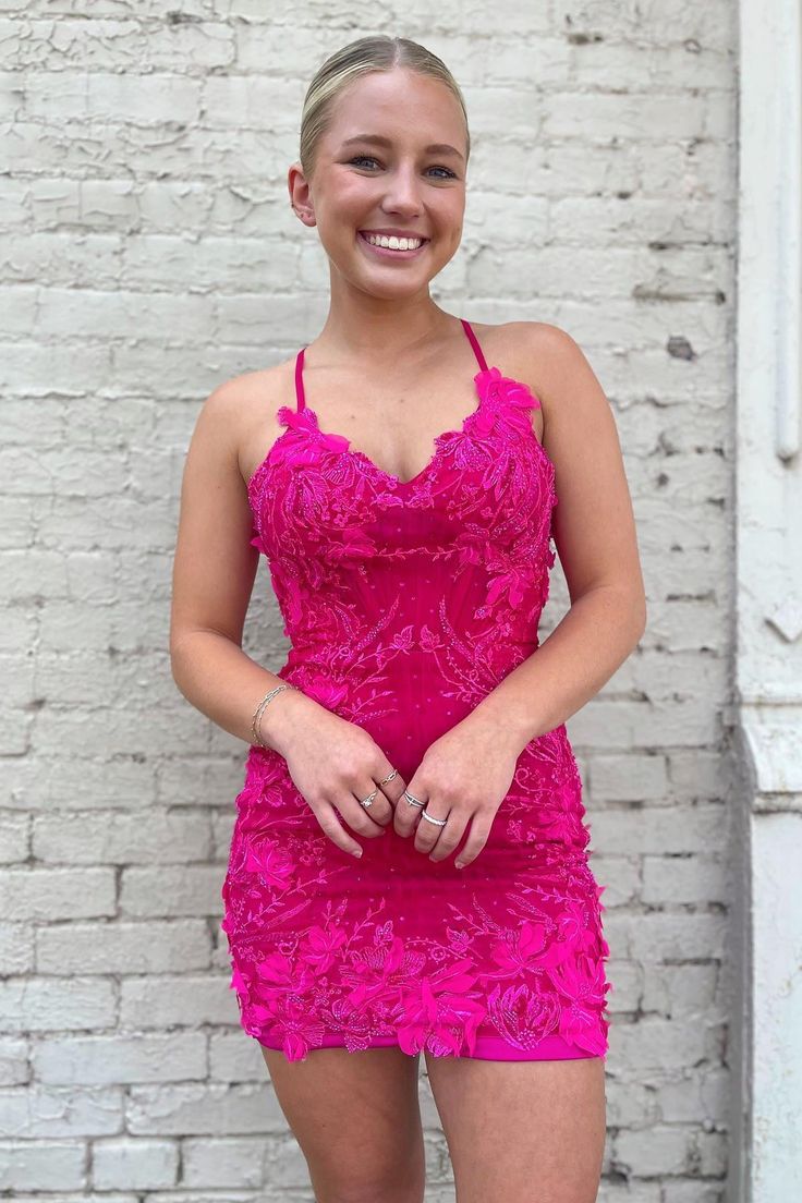 Hot Pink Floral Appliques Bodycon Homecoming Dresses, AST1339