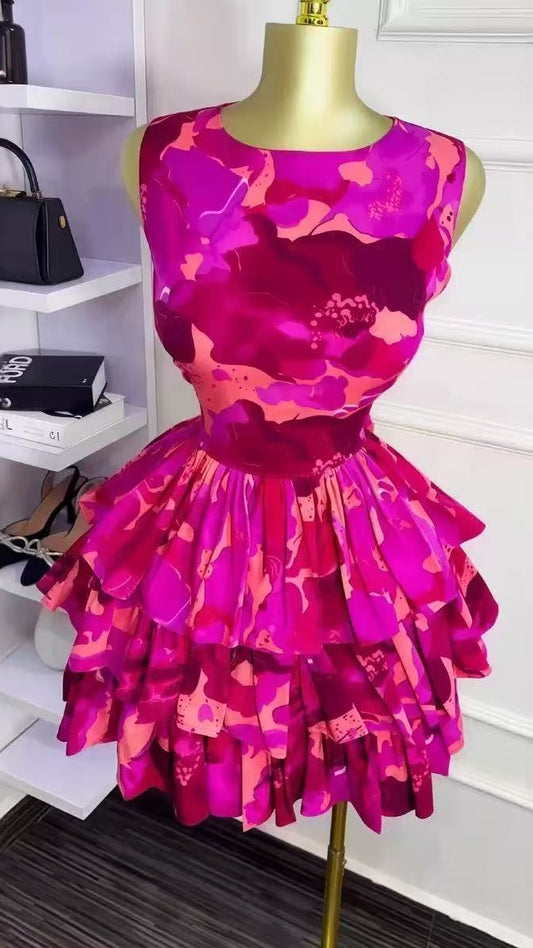 Hot Pink Floral Print Homecoming Dresses O-neck Ruffle Party Dress,AST2003