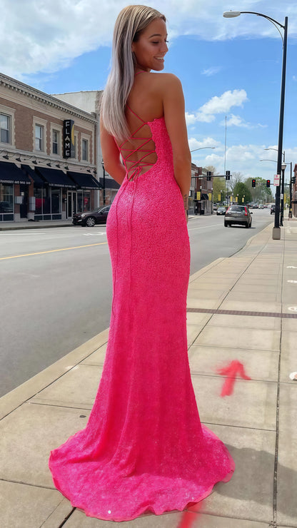 Hot Pink Sequin Mermaid Prom Dress, Lace Up Back Evening Dresses,AST1628