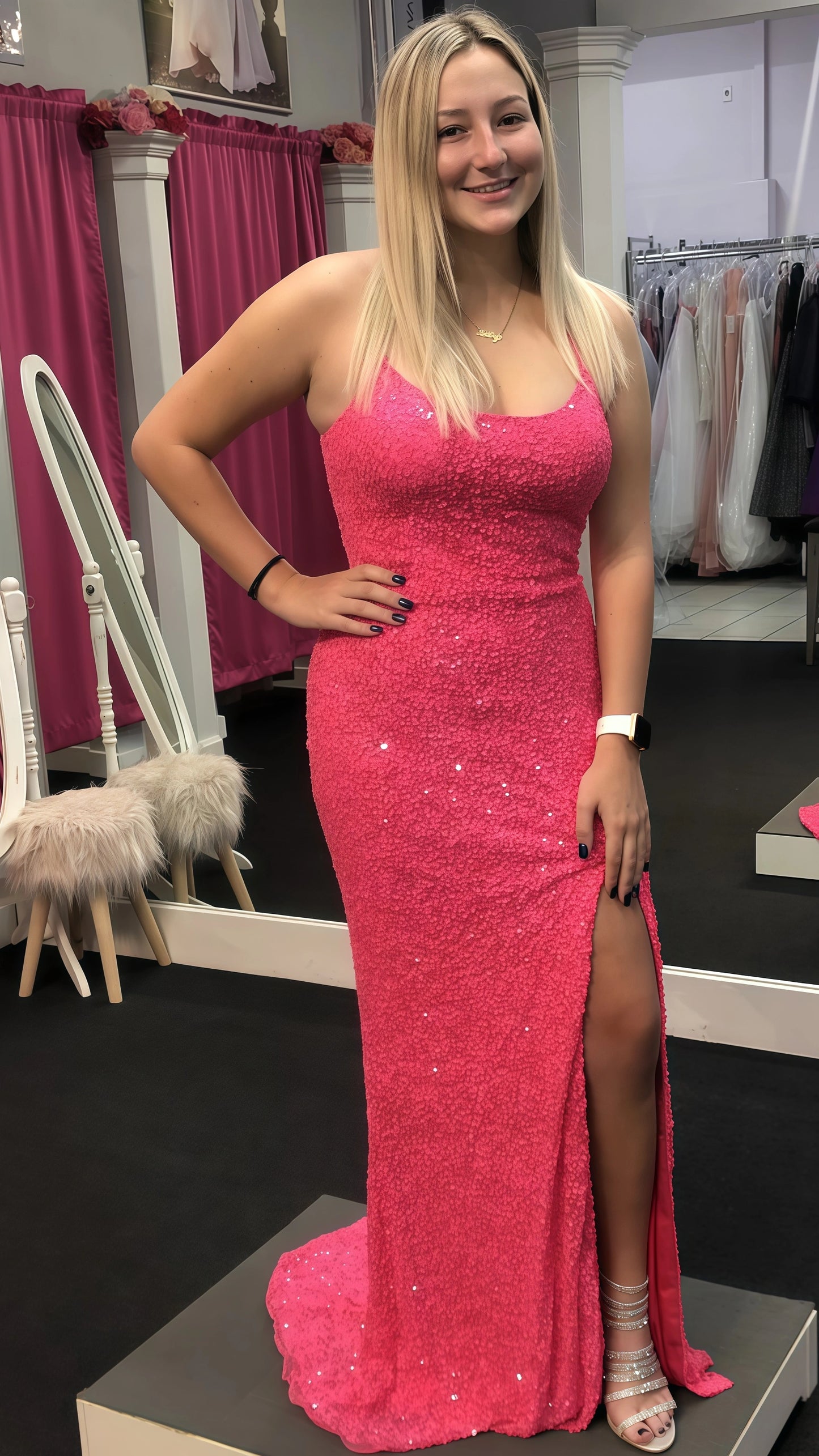 Hot Pink Sequin Mermaid Prom Dress, Lace Up Back Evening Dresses,AST1628