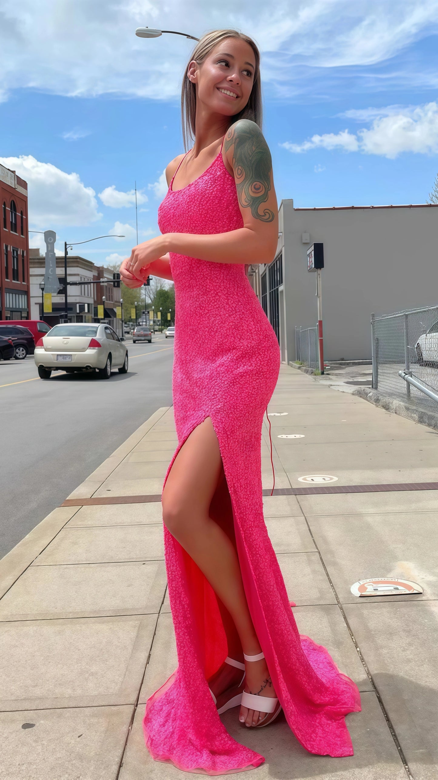 Hot Pink Sequin Mermaid Prom Dress, Lace Up Back Evening Dresses,AST1628