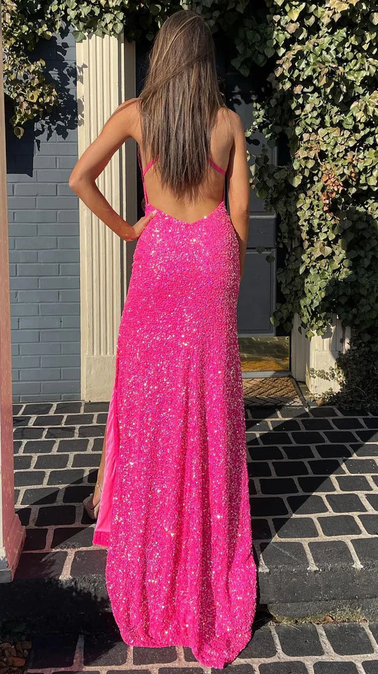 Hot Pink Sequin Prom Dress, Mermaid Split Evening Gown,AST1640