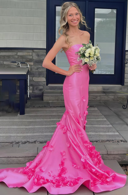 Hot Pink Strapless 3D Floral Mermaid Senior Prom Dresses For Women,AST1662