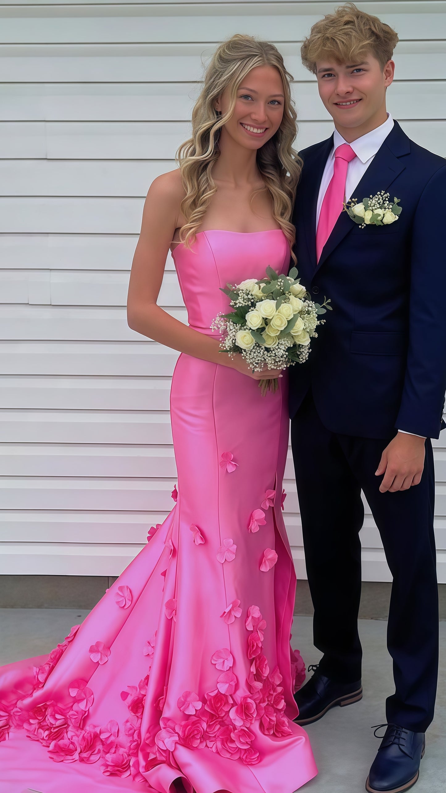 Hot Pink Strapless 3D Floral Mermaid Senior Prom Dresses For Women,AST1662