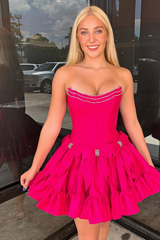 Hot Pink Strapless Beaded Homecoming Dresses, AST1420