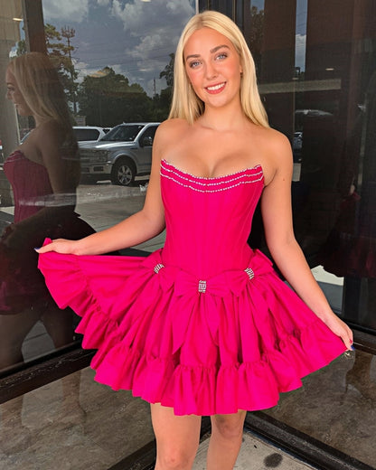 Hot Pink Strapless Beaded Homecoming Dresses, AST1420