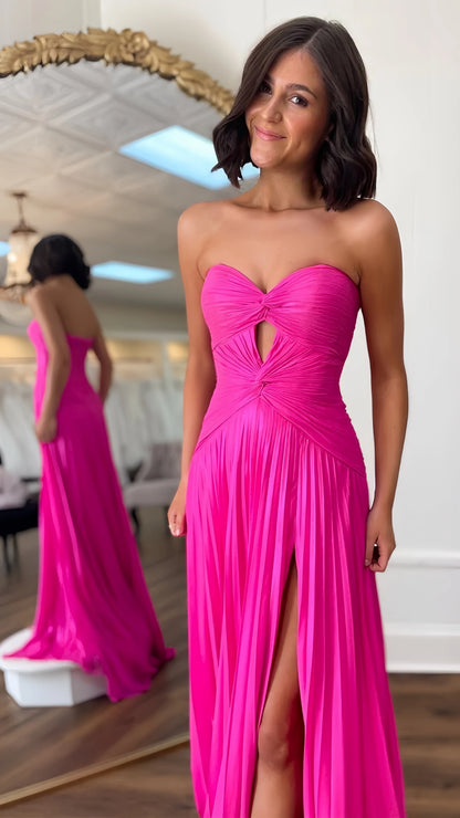 Hot Pink Sweetheart Keyhole Chiffon Pleated Long Prom Dress,AST1619