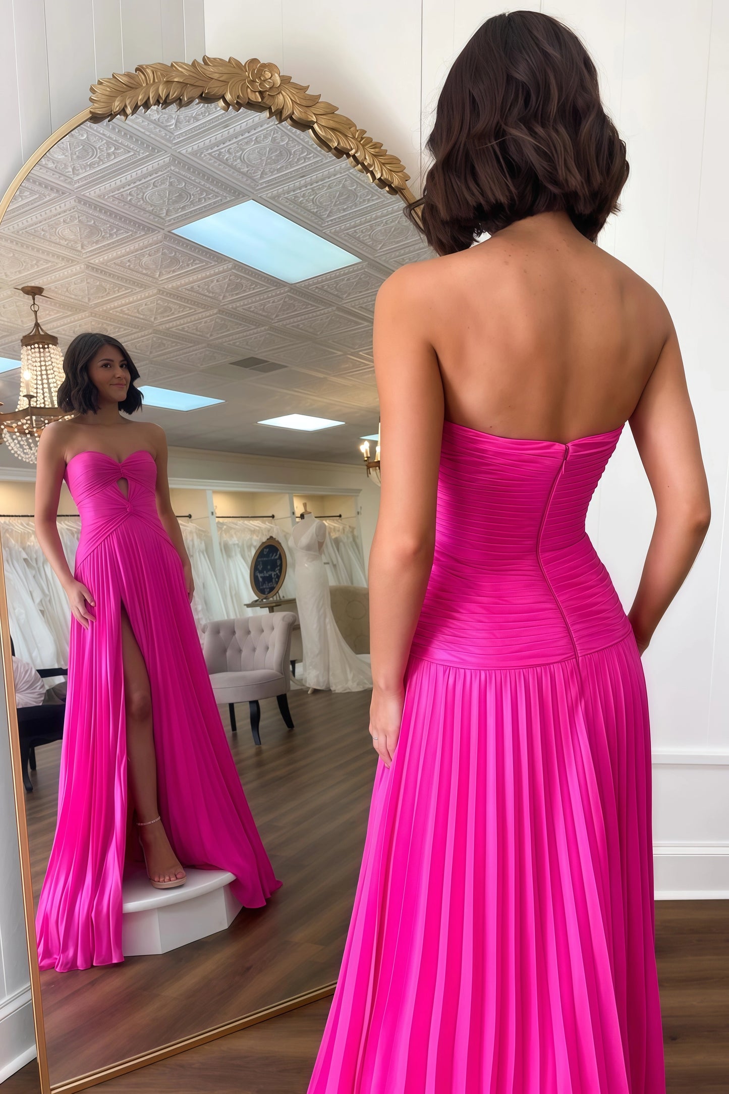 Hot Pink Sweetheart Keyhole Chiffon Pleated Long Prom Dress,AST1619