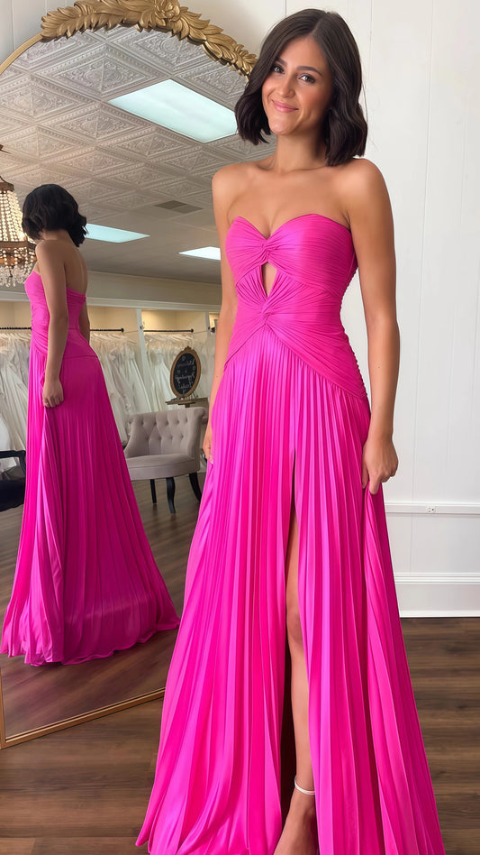 Hot Pink Sweetheart Keyhole Chiffon Pleated Long Prom Dress,AST1619