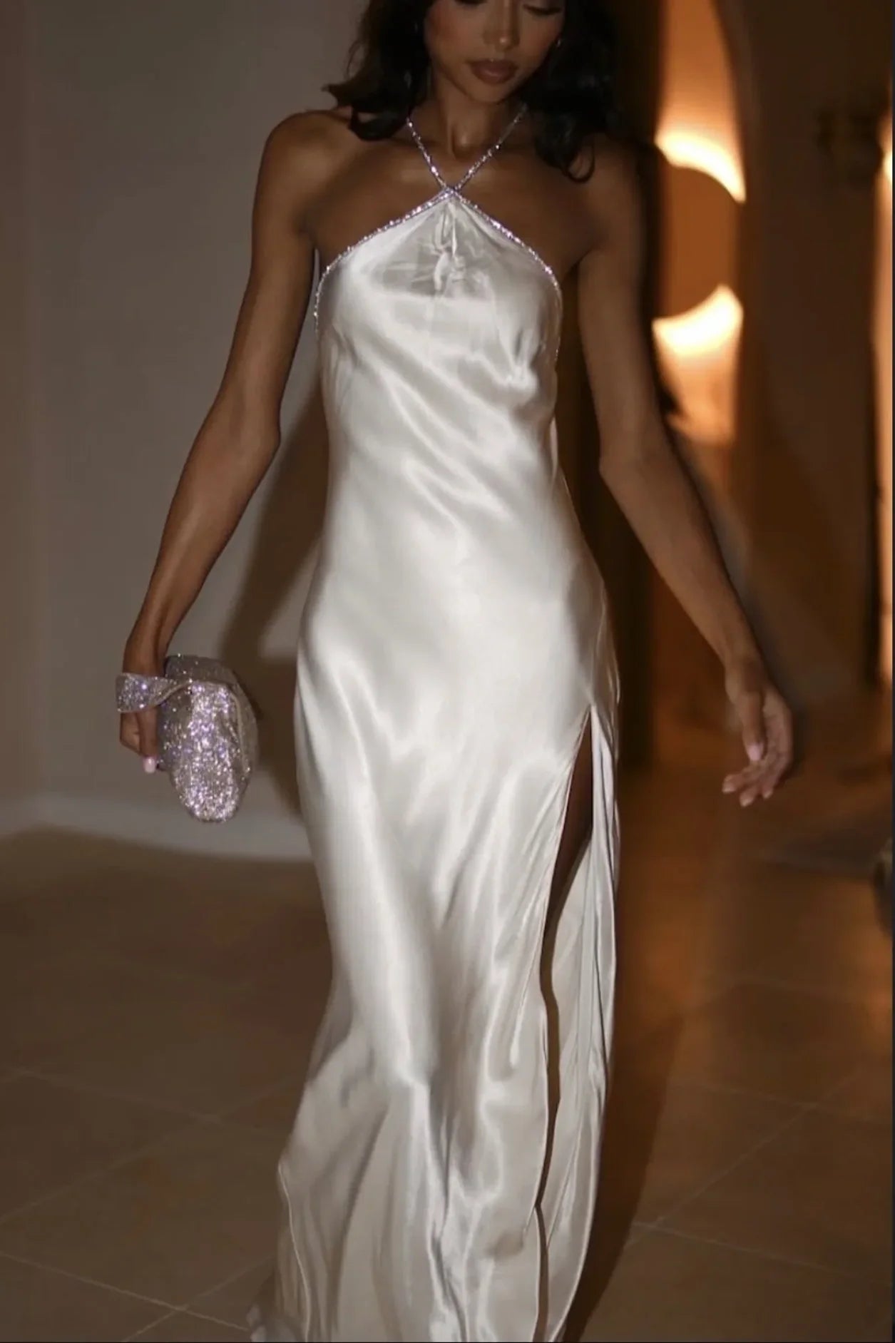Hot Sparkle Sheath Halter Neck White Long Party Dress with Split Front Beading,AST2317