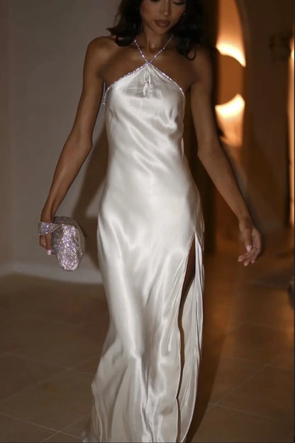 Hot Sparkle Sheath Halter Neck White Long Party Dress with Split Front Beading,AST2317
