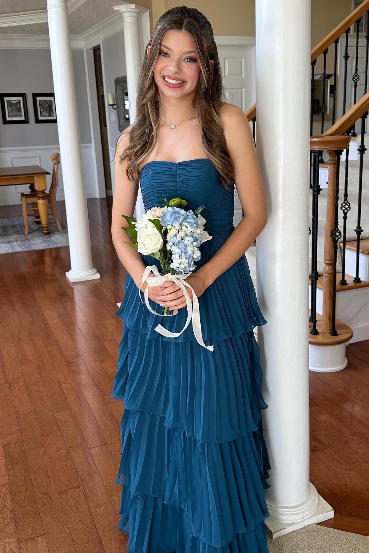 Strapless Pink Chiffon Pleated Tiered Maxi Dress