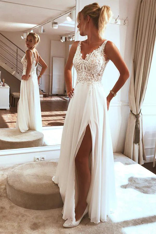 Ivory V-neck Chiffon Wedding Dress With Lace Top,AST943