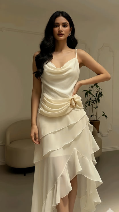Ivory Chiffon Pleated Homecoming Dress - V-Neck Tea Length Party Gown
