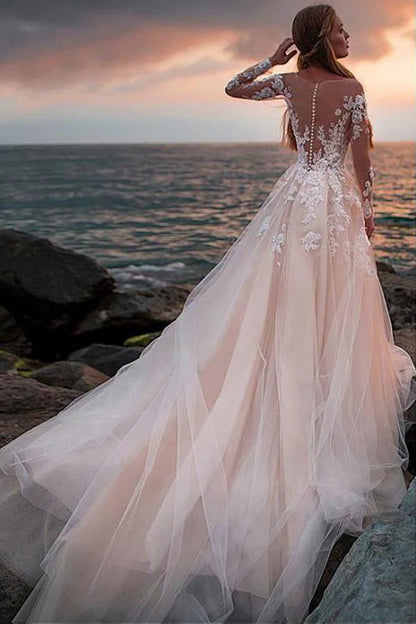 Ivory Tulle Beach Wedding Dress with Illusion Lace Long Sleeves,AST1206