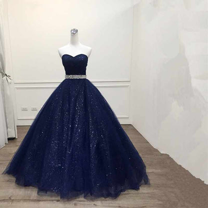 Stunning Navy Blue Tulle Strapless Long Sequins Prom Dress, Evening Dress