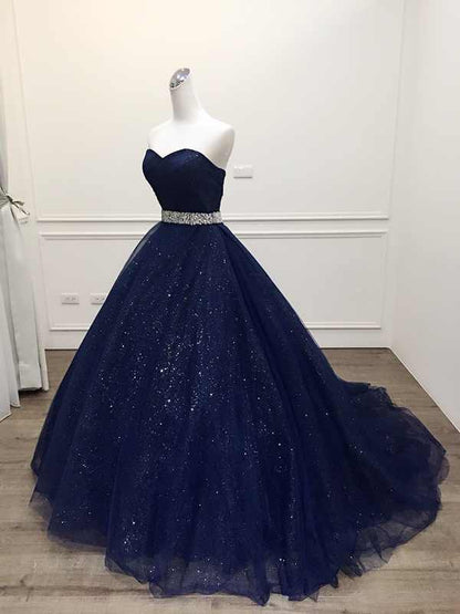 Stunning Navy Blue Tulle Strapless Long Sequins Prom Dress, Evening Dress