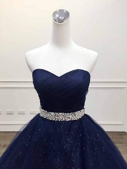 Stunning Navy Blue Tulle Strapless Long Sequins Prom Dress, Evening Dress